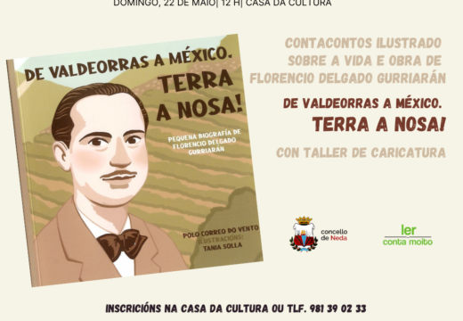 Neda convida a celebrar o Día das Letras Galegas cun contacontos ilustrado sobre Florencio Delgado Gurriarán e un taller de caricatura sobre o autor